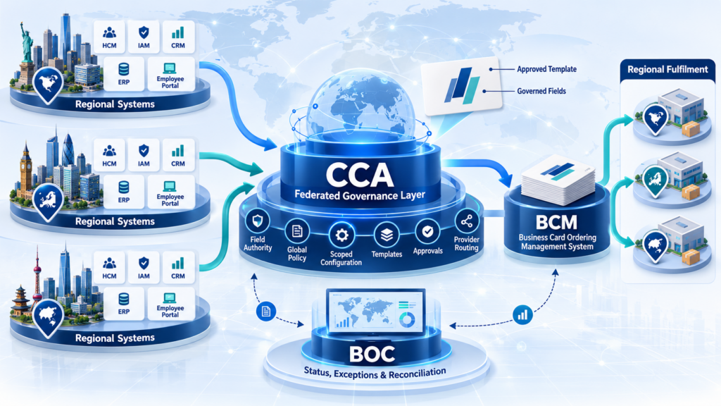 Federated business card API integration with CCA governance layer, BCM ordering and BOC reconciliation
