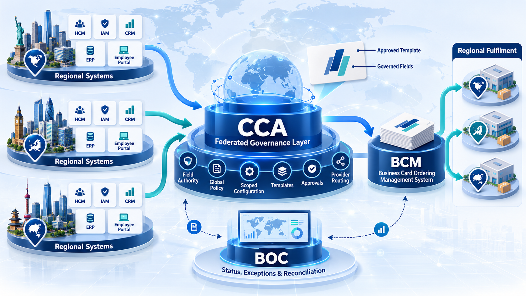 Federated business card API integration with CCA governance layer, BCM ordering and BOC reconciliation