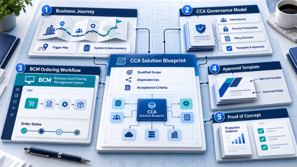 CCA solution blueprint connecting business journey, CCA governance model, BCM ordering workflow, approved template and proof of concept
